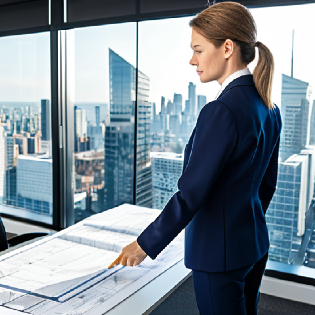 **Subject:** A professional female architect in a modern office, reviewing blueprints. **Clothing:** Fully clothed in a modest pantsuit. **Environment:** Bright, open office space with city skyline view. **Modifiers:** Professional attire, safe for work, perfect anatomy, natural pose, high resolution.