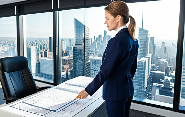 **Subject:** A professional female architect in a modern office, reviewing blueprints. **Clothing:** Fully clothed in a modest pantsuit. **Environment:** Bright, open office space with city skyline view. **Modifiers:** Professional attire, safe for work, perfect anatomy, natural pose, high resolution.