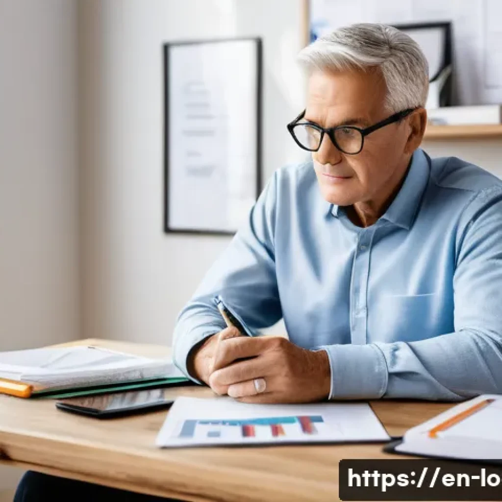 지방공무원 정년 후 자영업 준비 - A confident retired public servant turned entrepreneur sitting at a modern home office desk, surroun...