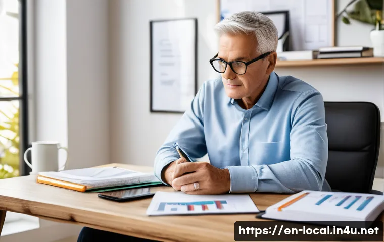 지방공무원 정년 후 자영업 준비 - A confident retired public servant turned entrepreneur sitting at a modern home office desk, surroun...