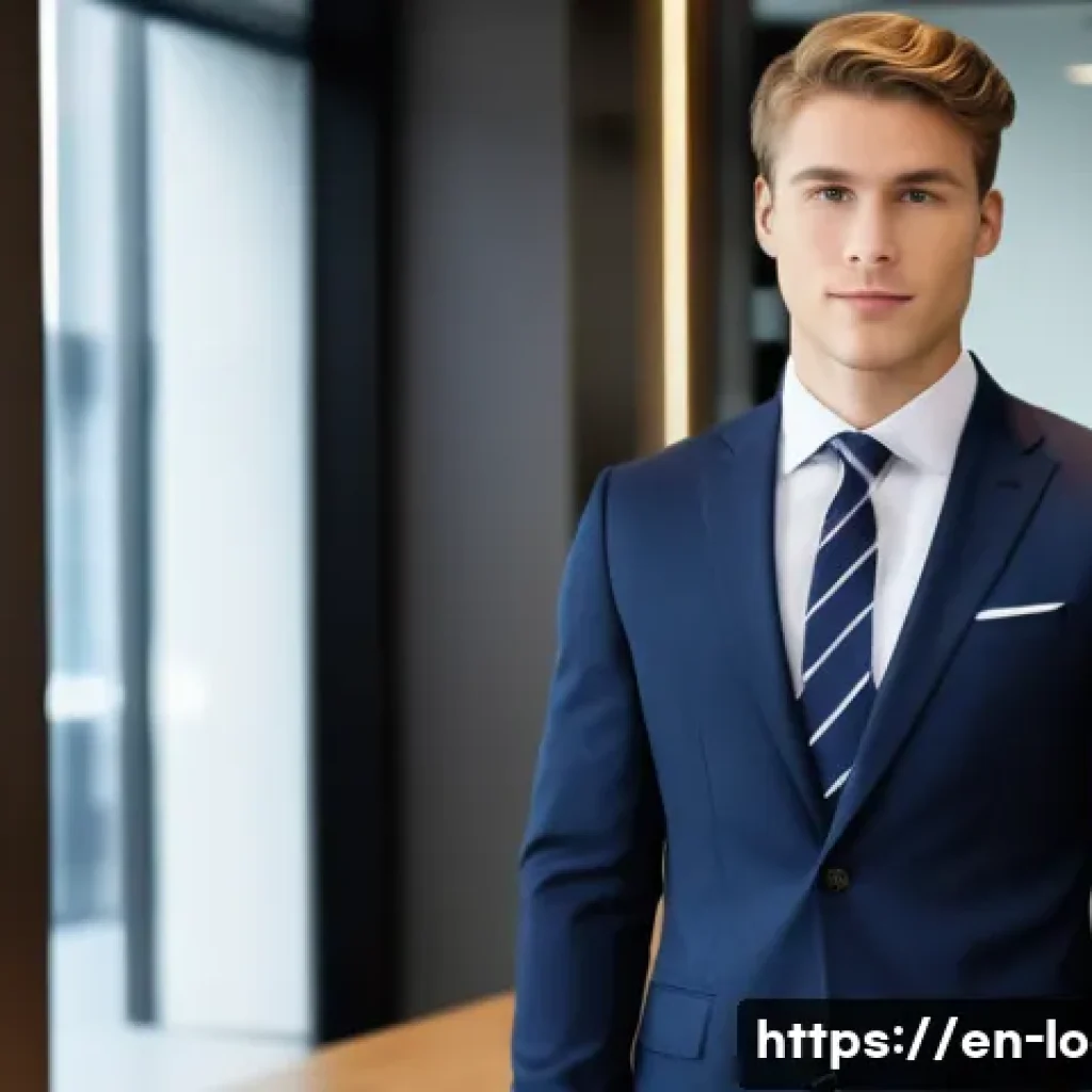 지방공무원 면접 복장과 매너 - A professional young man in a tailored navy blue suit with a crisp white shirt and a subtle striped ...