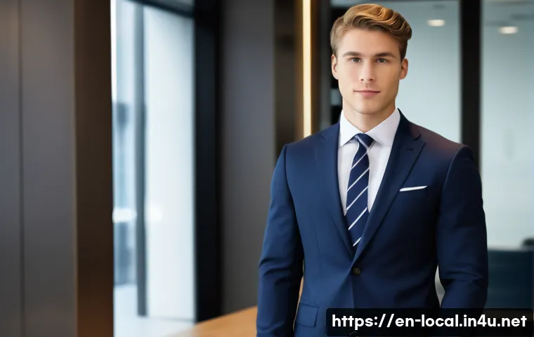 지방공무원 면접 복장과 매너 - A professional young man in a tailored navy blue suit with a crisp white shirt and a subtle striped ...