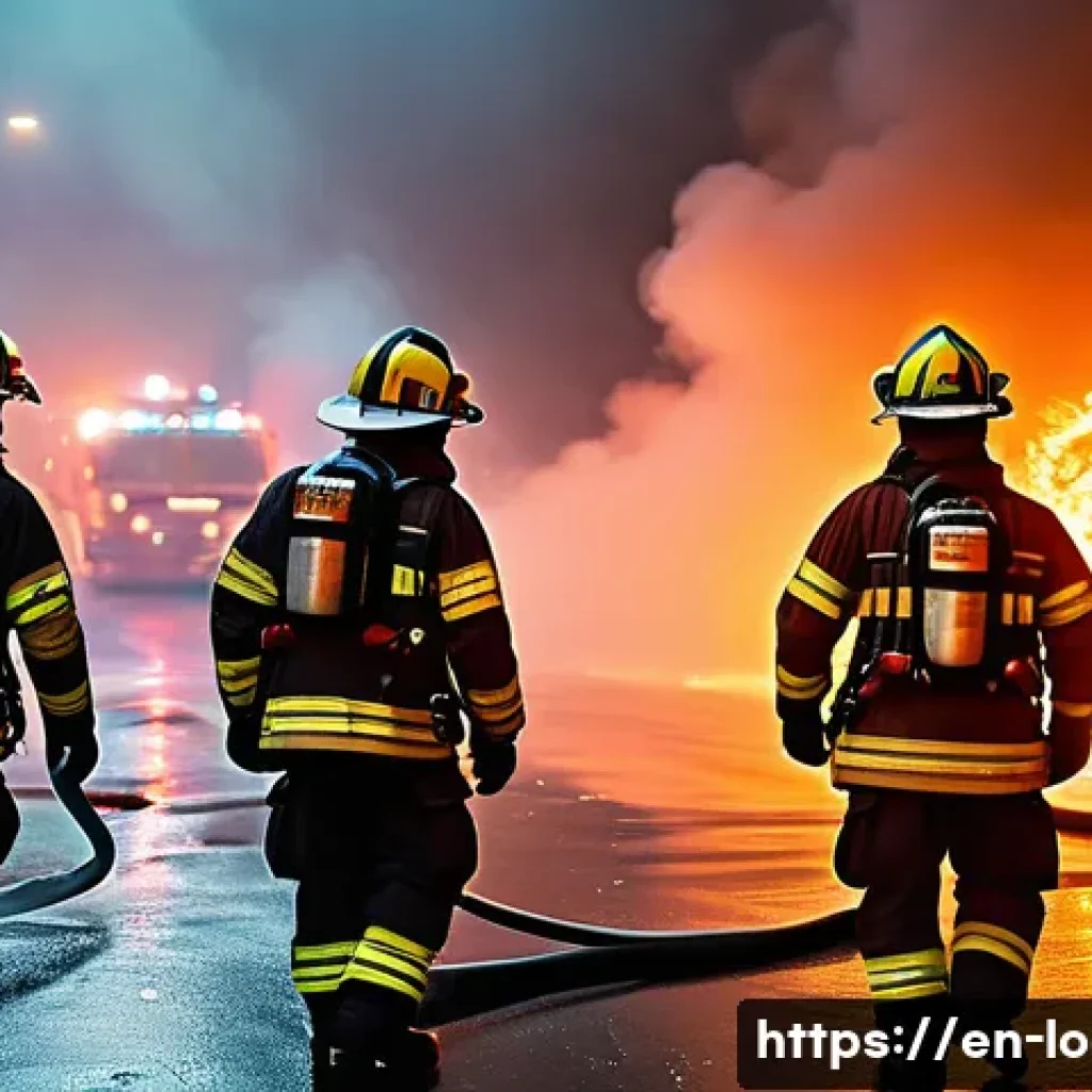 지방공무원 직렬별 업무 특징 - A dynamic urban firefighter team in full protective gear and helmets, actively coordinating a rescue...