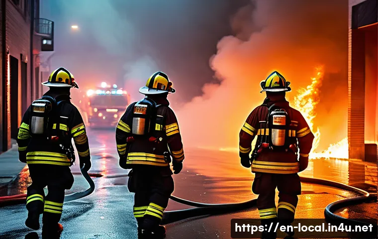 지방공무원 직렬별 업무 특징 - A dynamic urban firefighter team in full protective gear and helmets, actively coordinating a rescue...