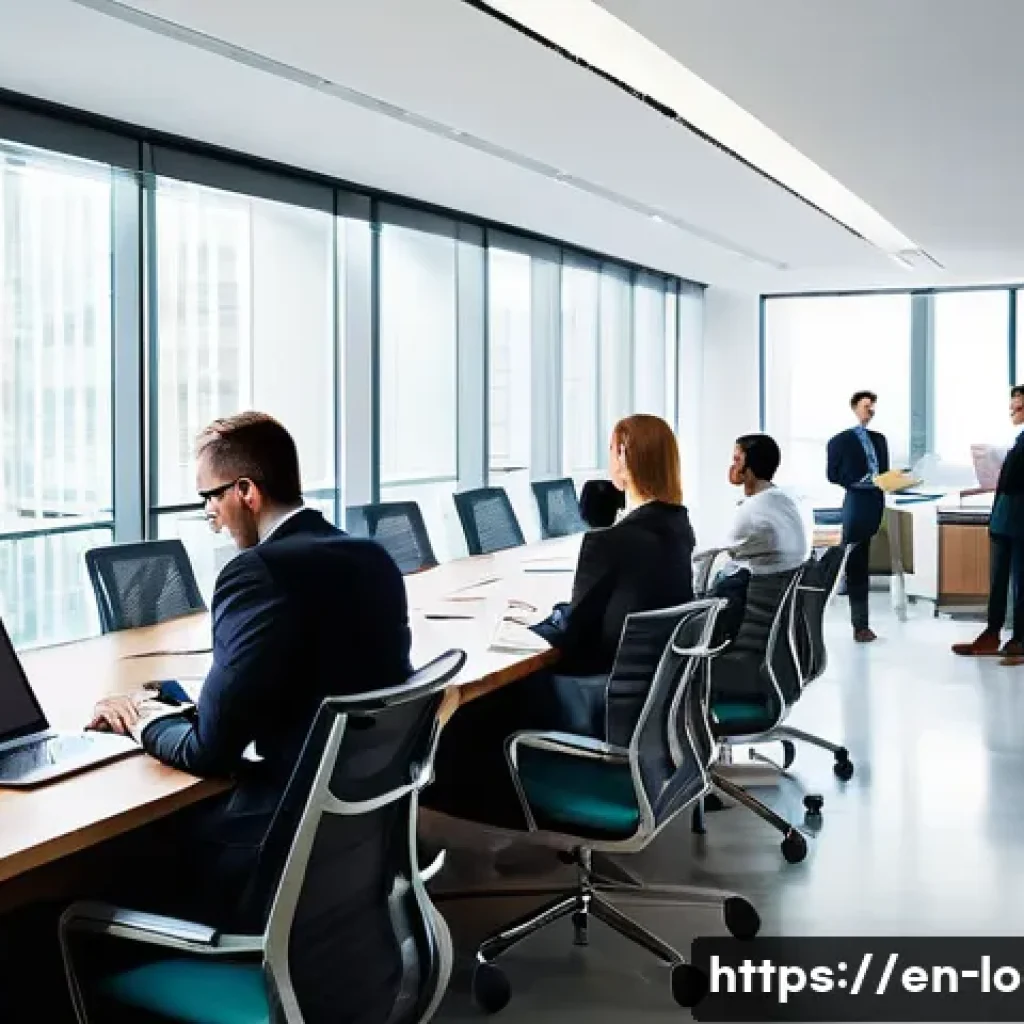 지방공무원 이직 후 적응기 - A modern government office environment showing a diverse group of professionals engaged in formal co...