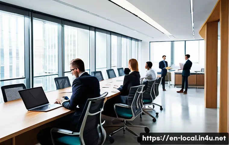 지방공무원 이직 후 적응기 - A modern government office environment showing a diverse group of professionals engaged in formal co...