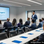 지방공무원 신규 입직 후 초임자 교육 - A professional office scene showing a diverse group of new public servants attending an orientation ...