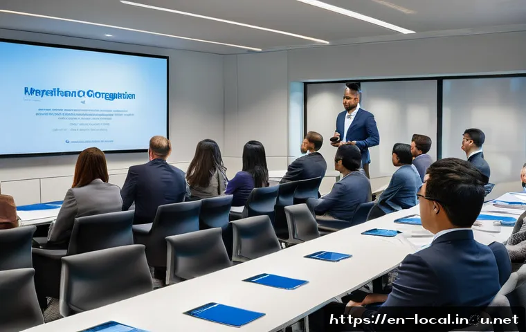 지방공무원 신규 입직 후 초임자 교육 - A professional office scene showing a diverse group of new public servants attending an orientation ...