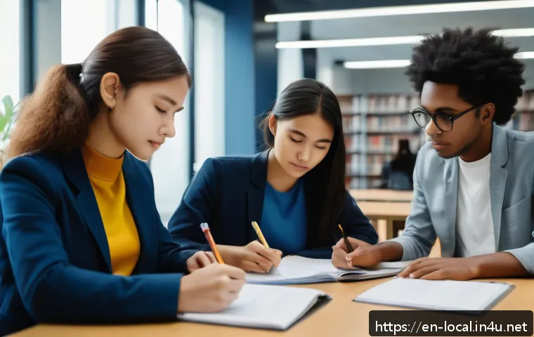 지방공무원 시험 지원 자격 요건 - A diverse group of young adults preparing for local government exams in a modern library setting, wi...