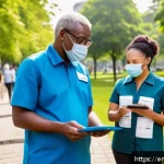 지방공무원 채용 인원 증가 추이 - A vibrant urban community health event scene, featuring a diverse group of community health coordina...