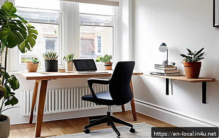 지방공무원 재택근무 생산성 관리법 - A modern home office corner with a sleek wooden desk and ergonomic chair, bathed in natural daylight...