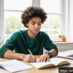 지방공무원 시험 대비 멘탈 관리법 - A focused young adult student sitting at a tidy desk in a bright, modern study room, practicing mind...
