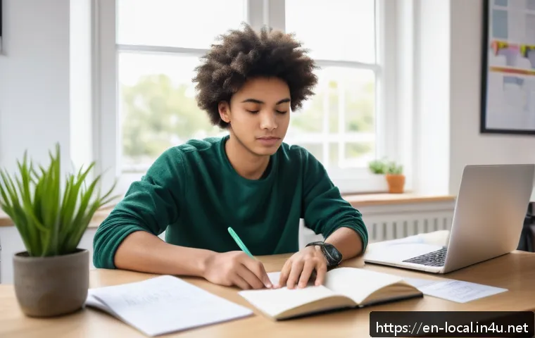 지방공무원 시험 대비 멘탈 관리법 - A focused young adult student sitting at a tidy desk in a bright, modern study room, practicing mind...