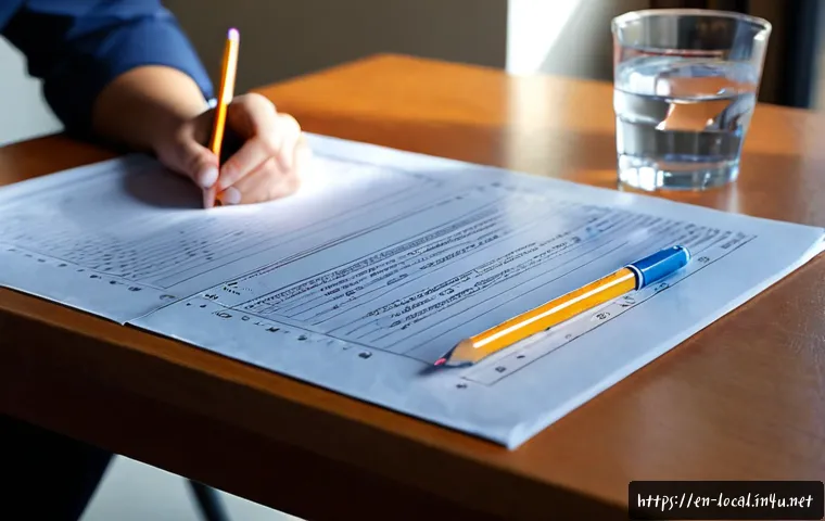 지방공무원 필기시험 꿀팁 모음 - Photorealistic civil service exam preparation scene in a quiet American public library, focused adul...